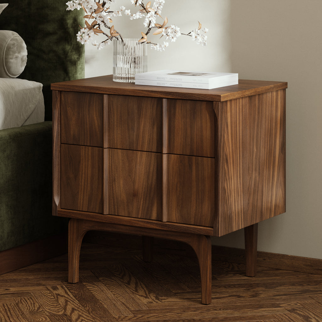 Mid-Century Modern Walnut Walnut Wood Nightstand with Solid Walnut