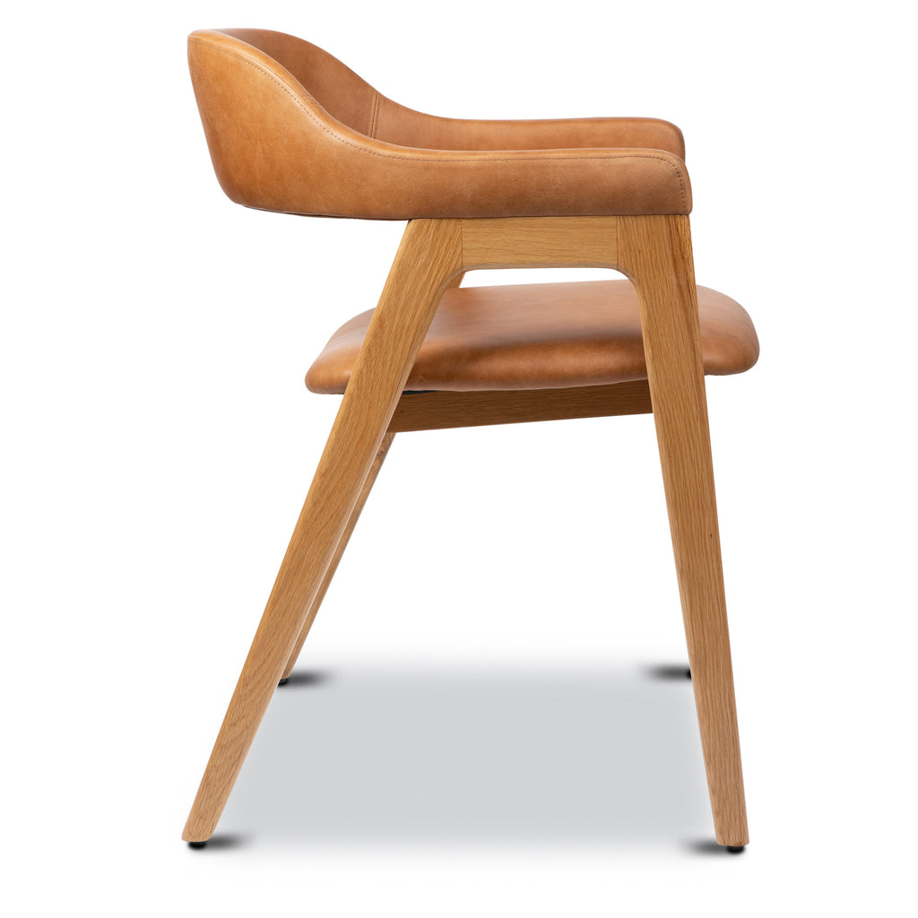 Mid-Century Modern Caramel Tan/Oak Leather Dining Chair