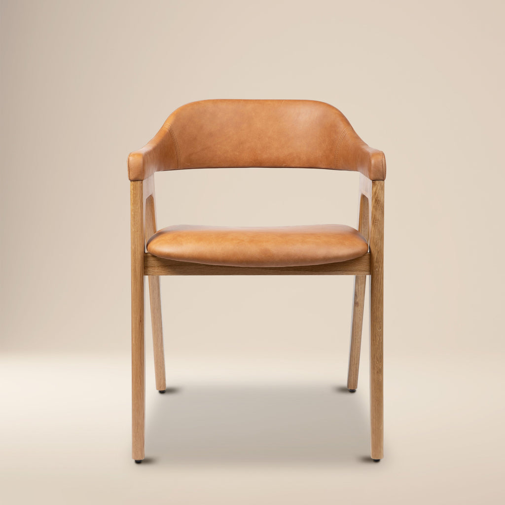 Mid-Century Modern Caramel Tan/Oak Leather Dining Chair