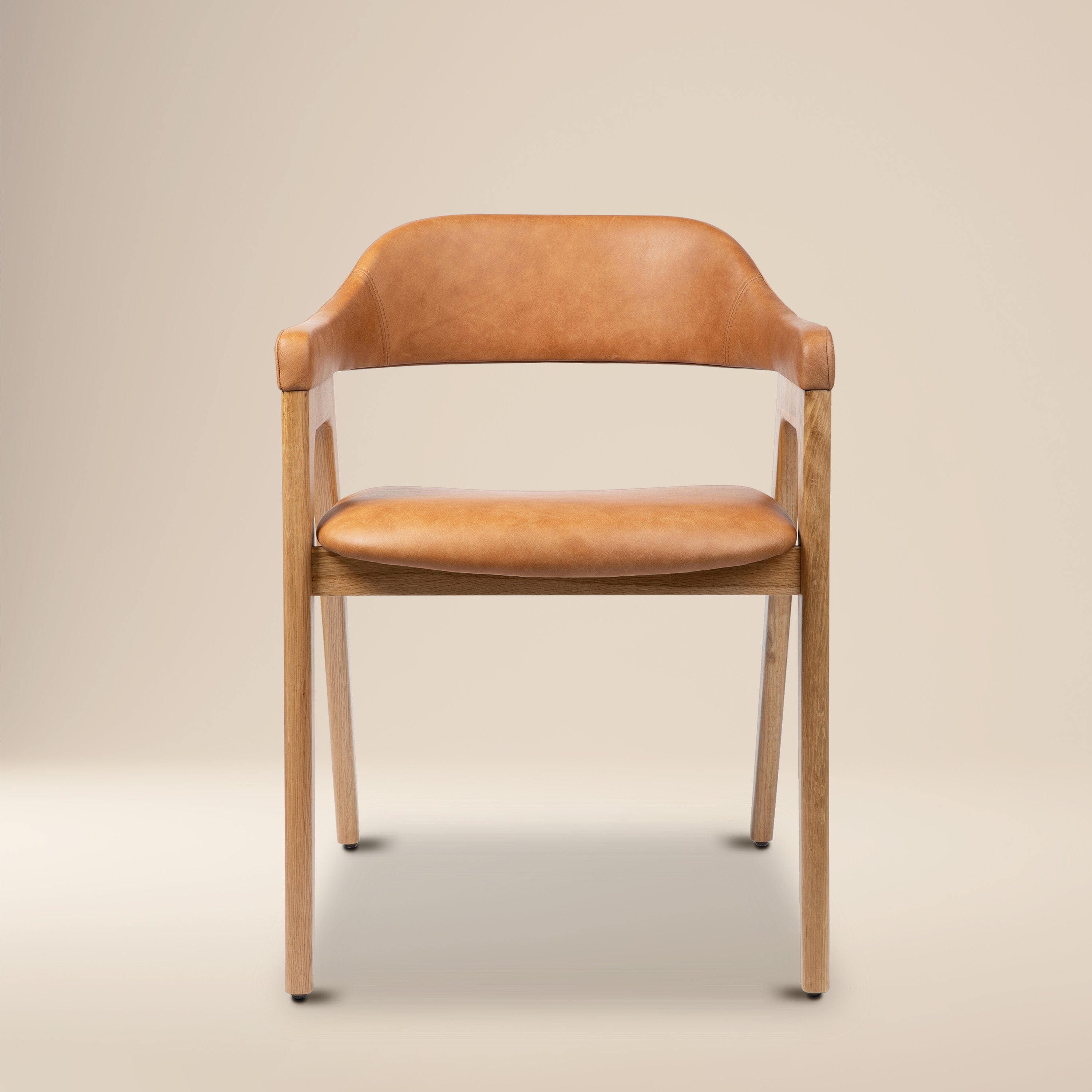 Mid-Century Modern Caramel Tan/Oak Leather Dining Chair