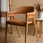 Chaise de salle à manger en cuir chêne/caramel de style Mid-Century Modern