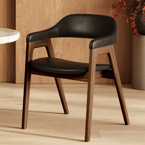Mid-Century Modern Black/Walnut Leather Dining Chair for Dining Room