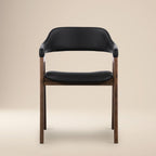 Chaise de salle à manger en cuir noir/noyer de style Mid-Century Modern