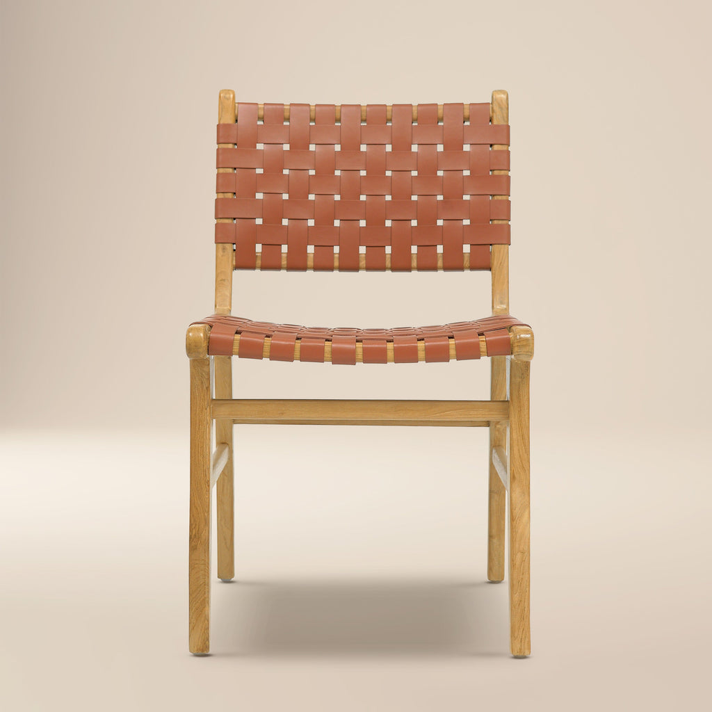 Modern Fauve Tan Teak & Leather Dining Chair with Kiln-Dried Wood