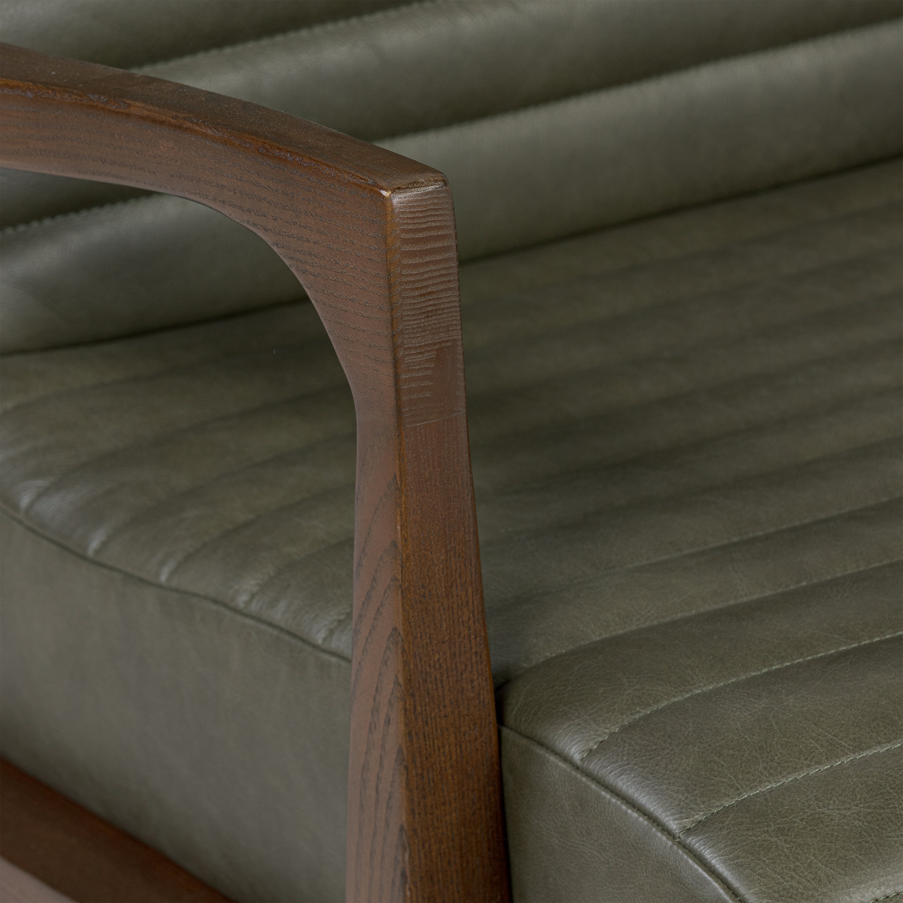 Mid-Century Modern Olivine Green Leather Lounge Chair with Kiln-Dried