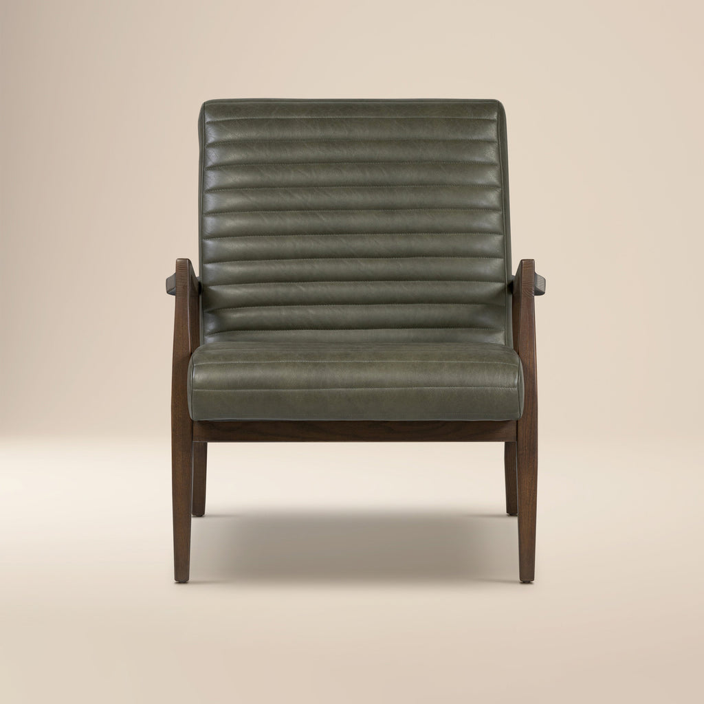 Mid-Century Modern Olivine Green Leather Lounge Chair with Kiln-Dried