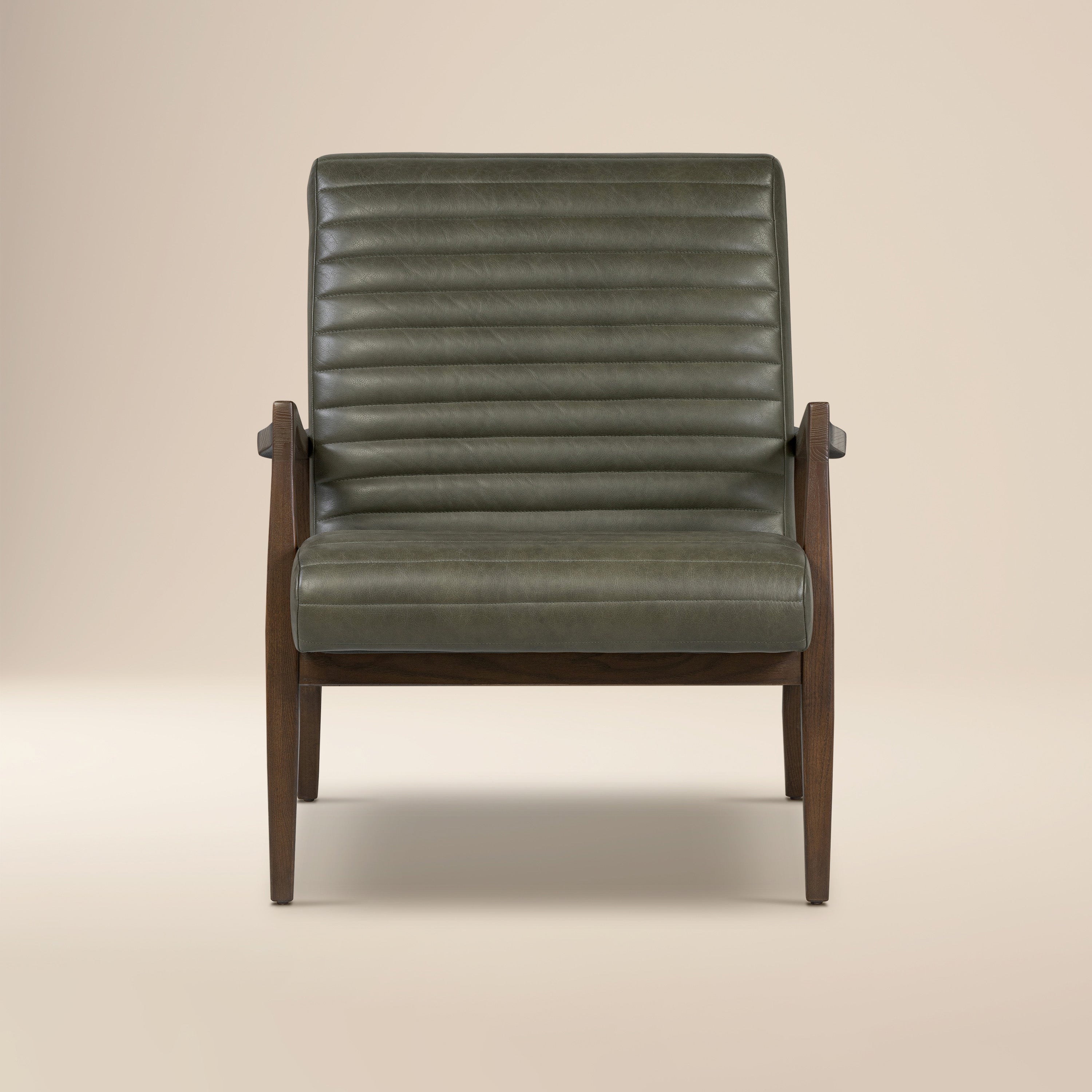 Mid-Century Modern Olivine Green Leather Lounge Chair with Kiln-Dried