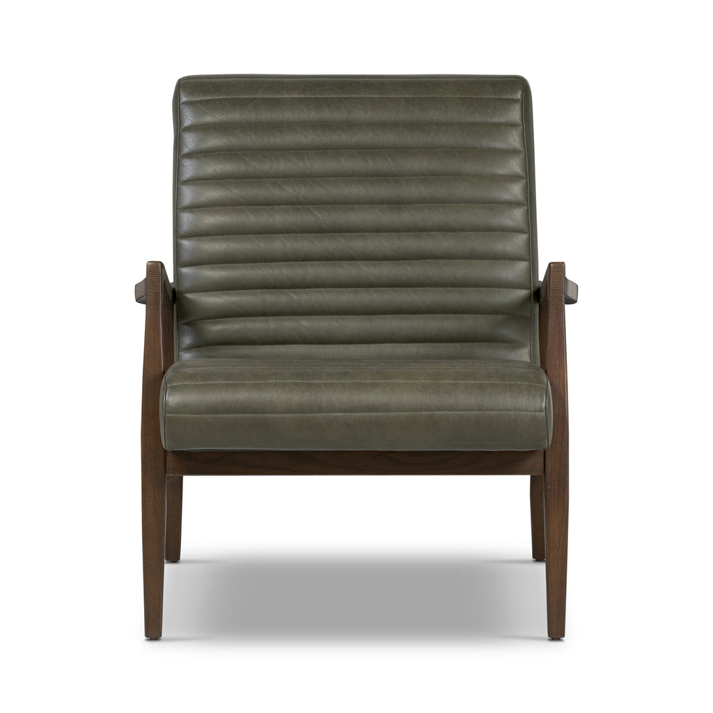 Mid-Century Modern Olivine Green Leather Lounge Chair with Kiln-Dried