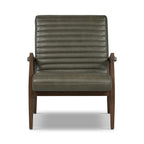 Fauteuil lounge Mid-Century Modern en cuir vert olive avec bois séché au four