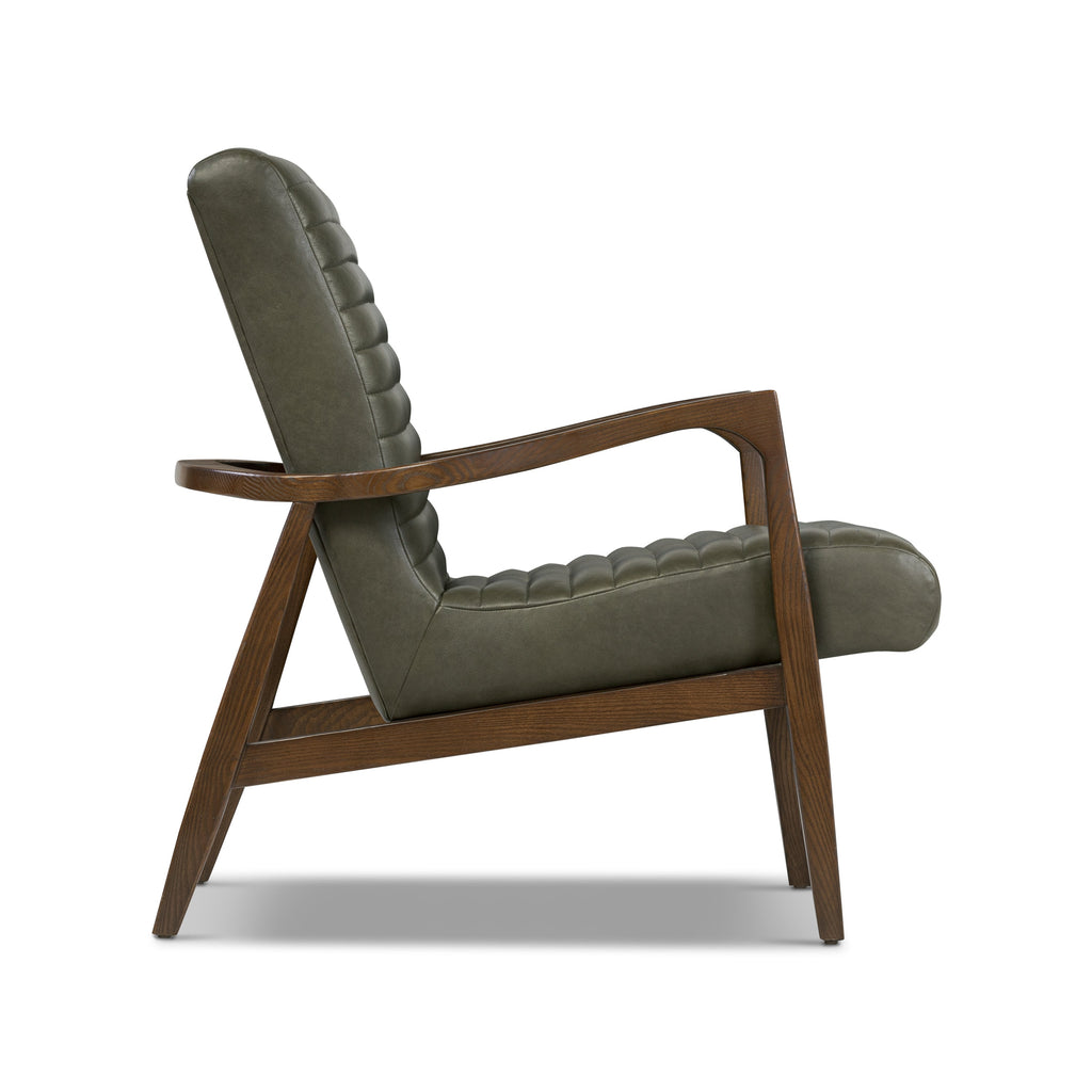 Mid-Century Modern Olivine Green Leather Lounge Chair with Kiln-Dried