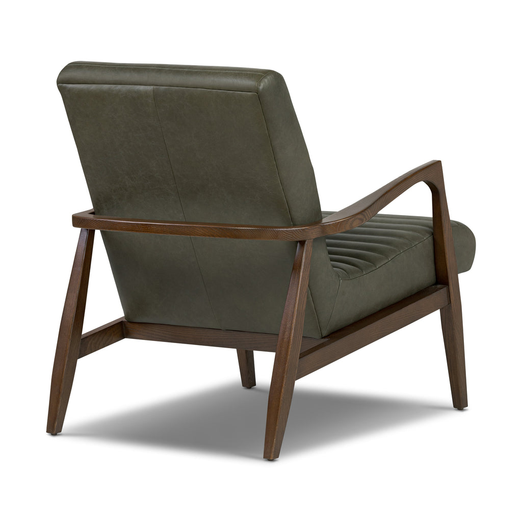 Mid-Century Modern Olivine Green Leather Lounge Chair with Kiln-Dried