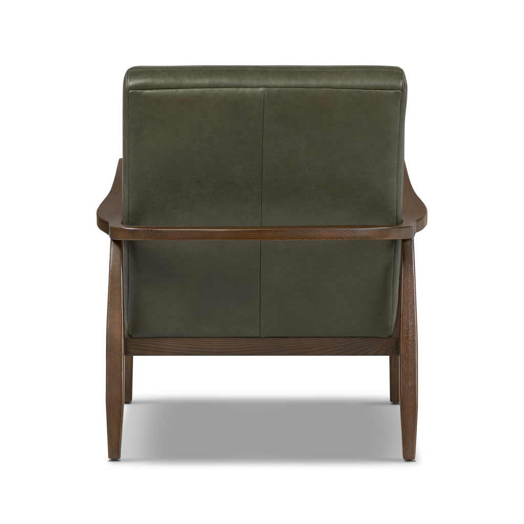 Mid-Century Modern Olivine Green Leather Lounge Chair with Kiln-Dried