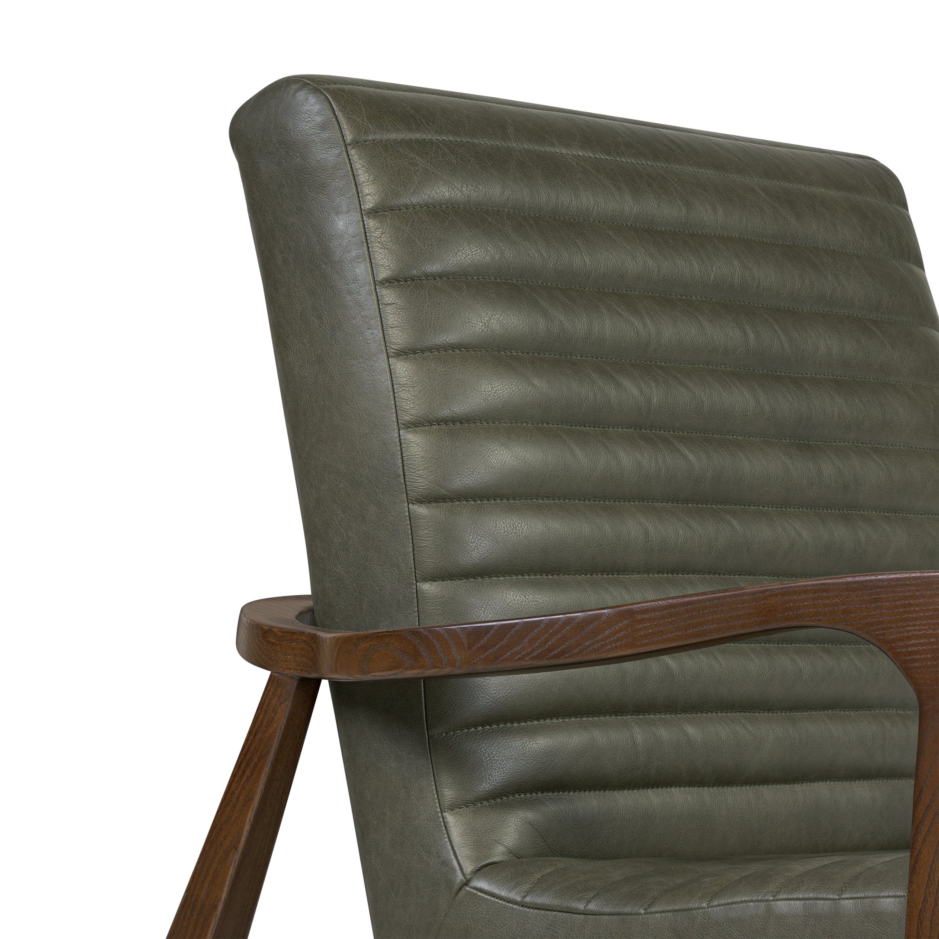 Mid-Century Modern Olivine Green Leather Lounge Chair with Kiln-Dried