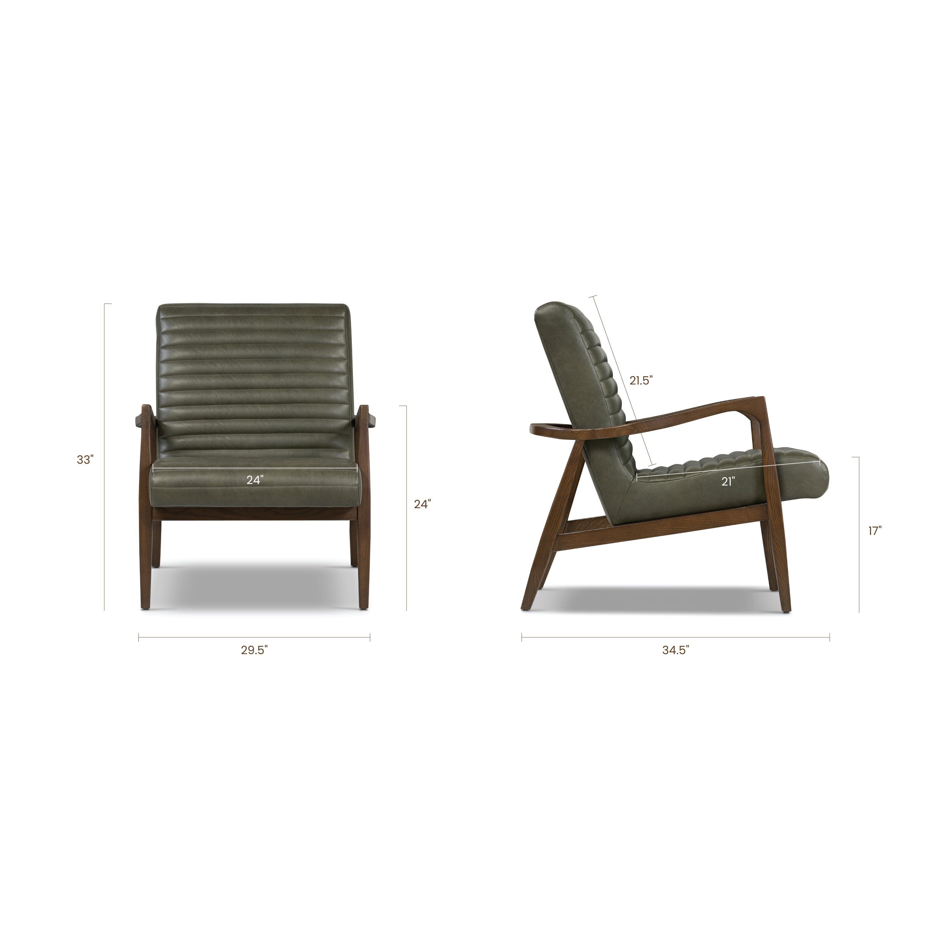 Mid-Century Modern Olivine Green Leather Lounge Chair with Kiln-Dried