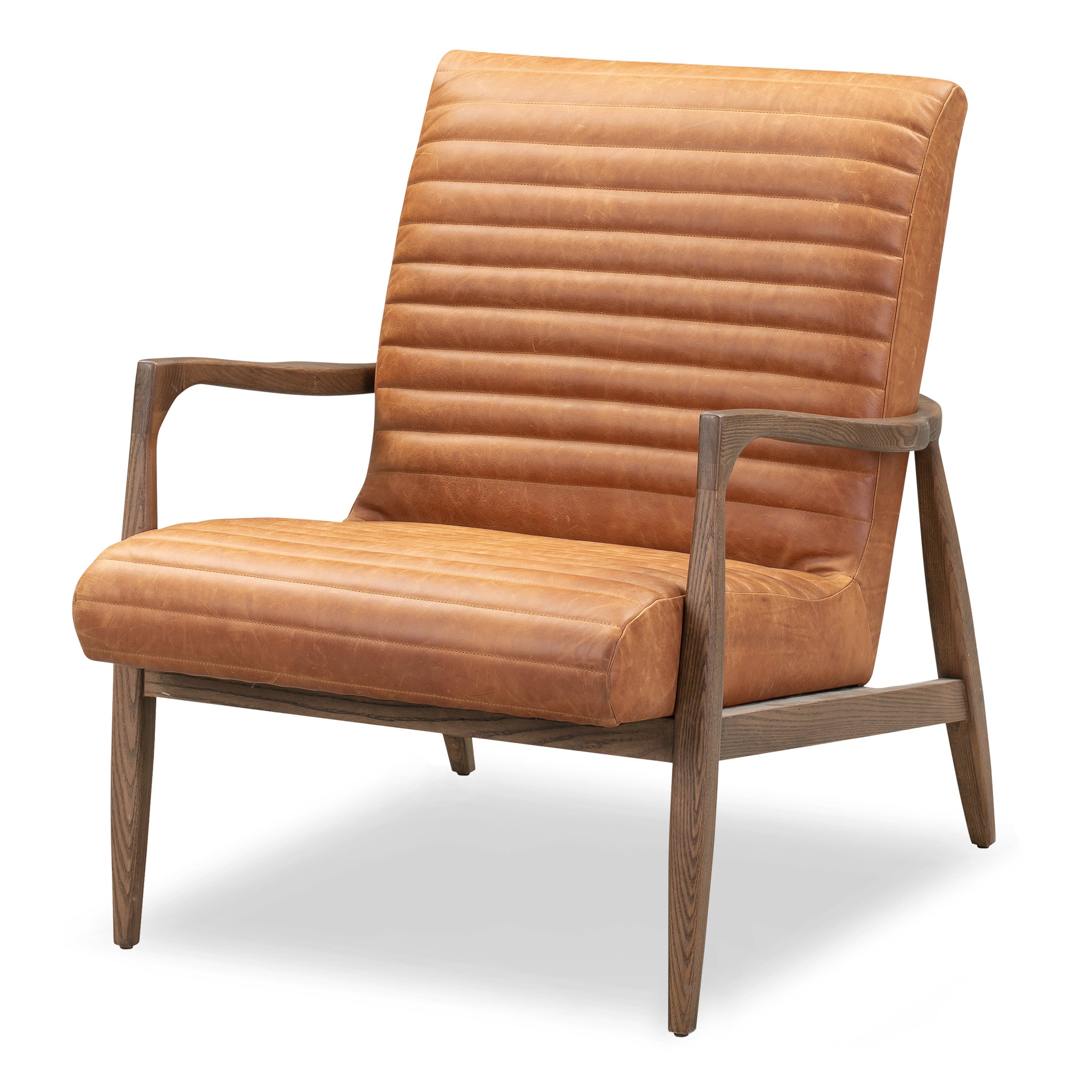 Mid-Century Modern Cognac Tan Leather Lounge Chair with Kiln-Dried