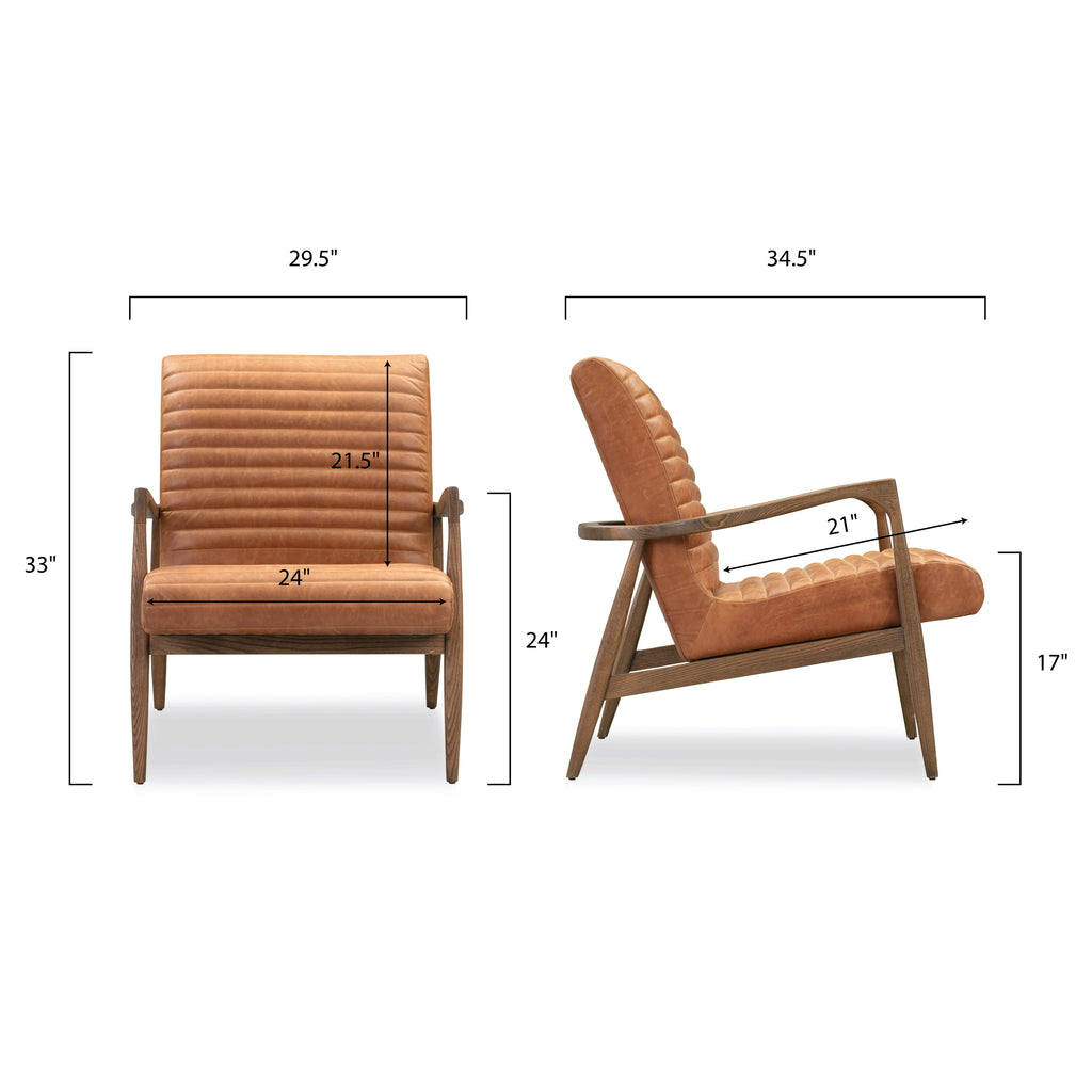 Mid-Century Modern Cognac Tan Leather Lounge Chair with Kiln-Dried