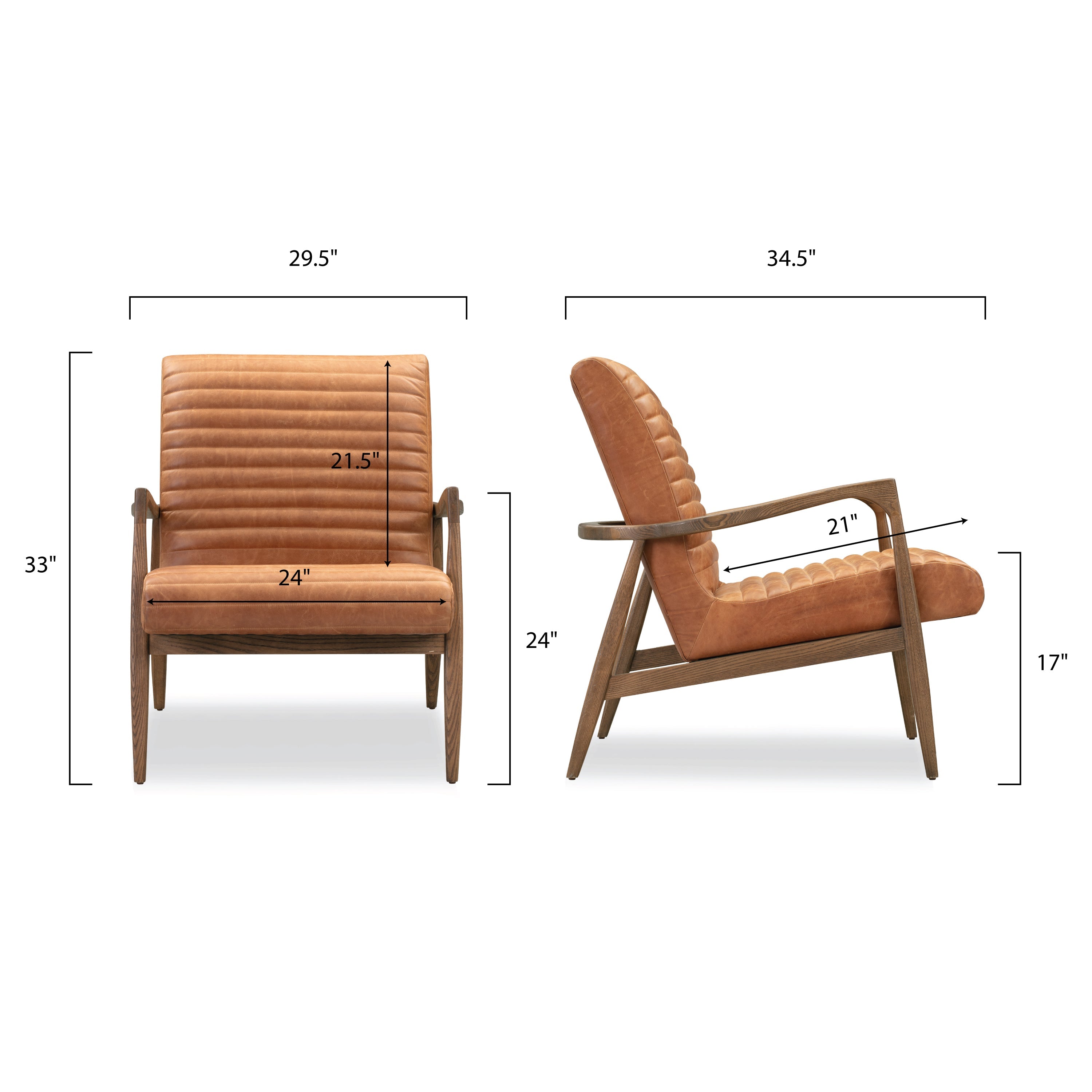 Mid-Century Modern Cognac Tan Leather Lounge Chair with Kiln-Dried