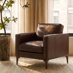 Fauteuil moderne en cuir marron chocolat avec structure en bois séché au four