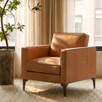 Fauteuil de salon moderne en cuir couleur cognac avec cadre en bois séché au four