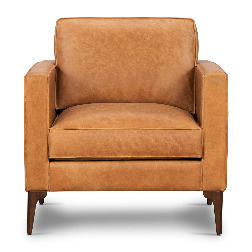 Modern Cognac Tan Leather Lounge Chair with Kiln-Dried Wood Frame