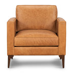 Fauteuil de salon moderne en cuir couleur cognac avec cadre en bois séché au four
