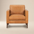 Fauteuil de salon moderne en cuir couleur cognac avec cadre en bois séché au four