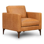 Fauteuil de salon moderne en cuir couleur cognac avec cadre en bois séché au four