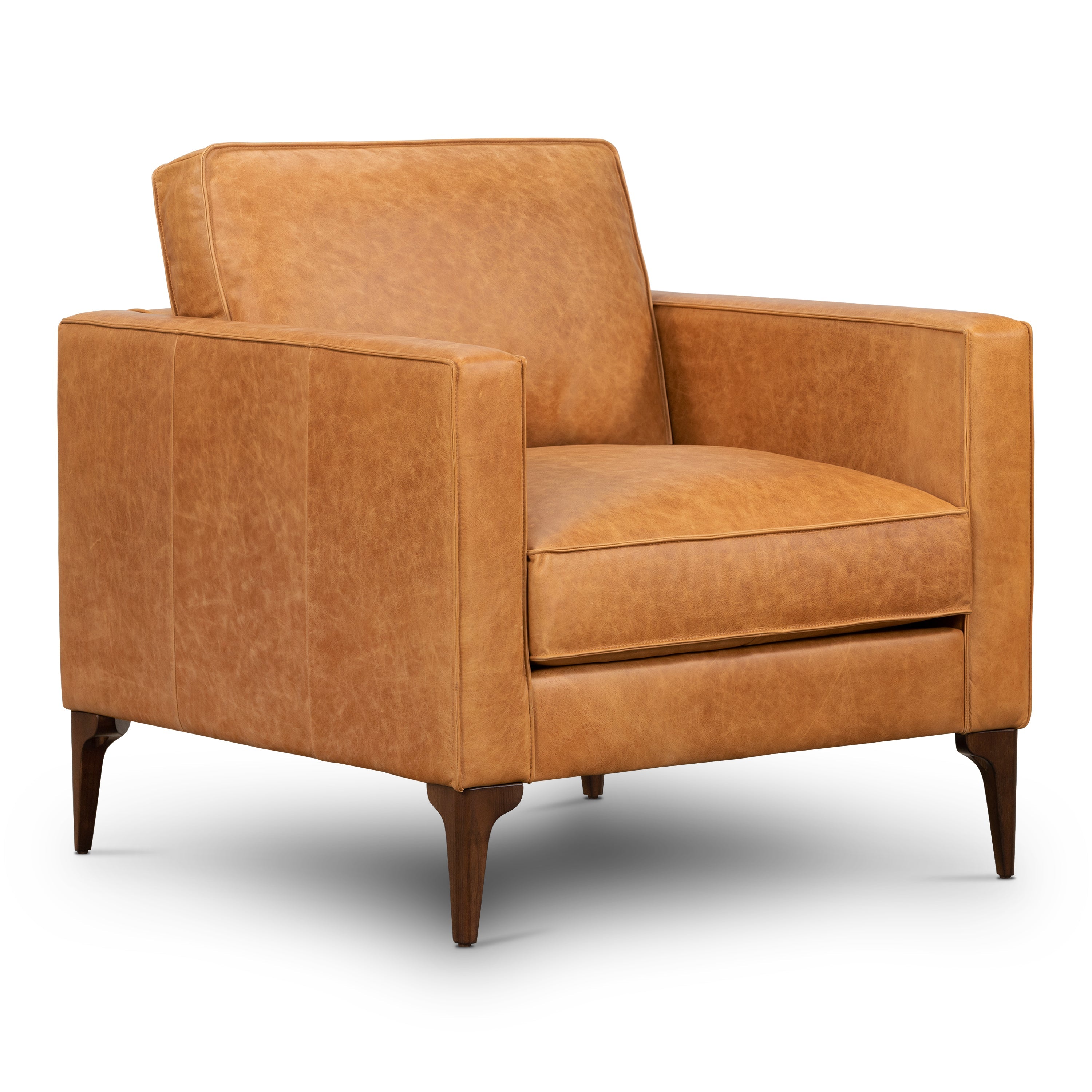 Modern Cognac Tan Leather Lounge Chair with Kiln-Dried Wood Frame