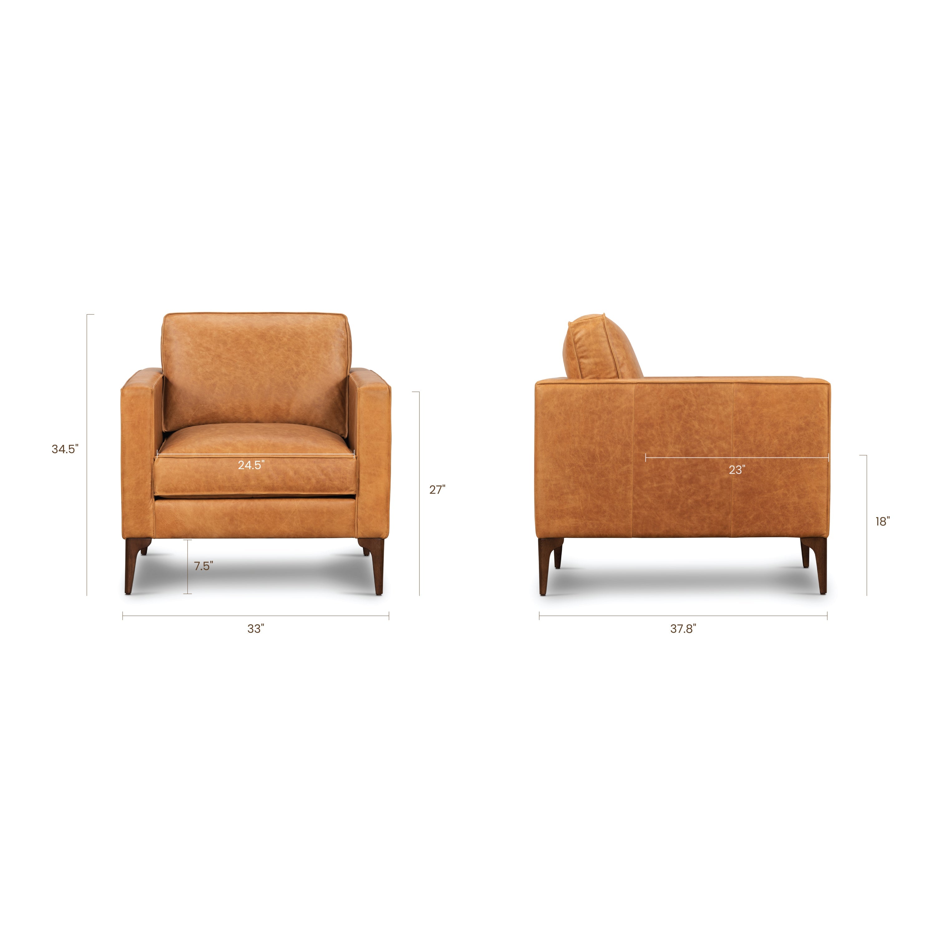 Modern Cognac Tan Leather Lounge Chair with Kiln-Dried Wood Frame