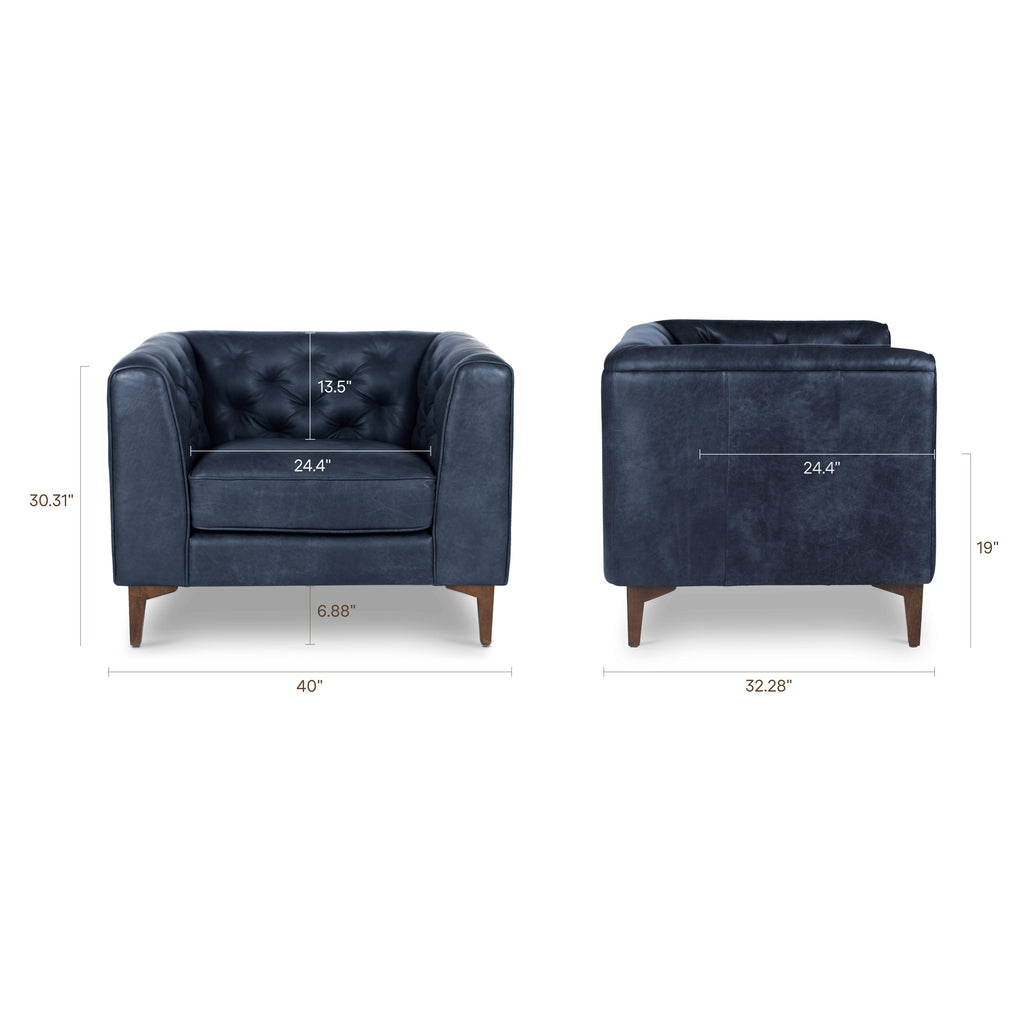 Modern Classic Midnight Blue Leather Lounge Chair with Tufted Back
