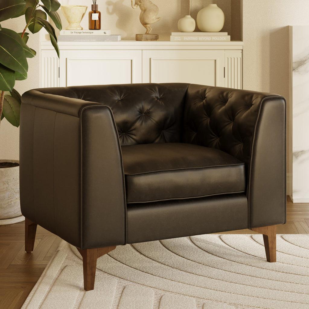 Modern Onyx Black Leather Lounge Chair with Tufted Back