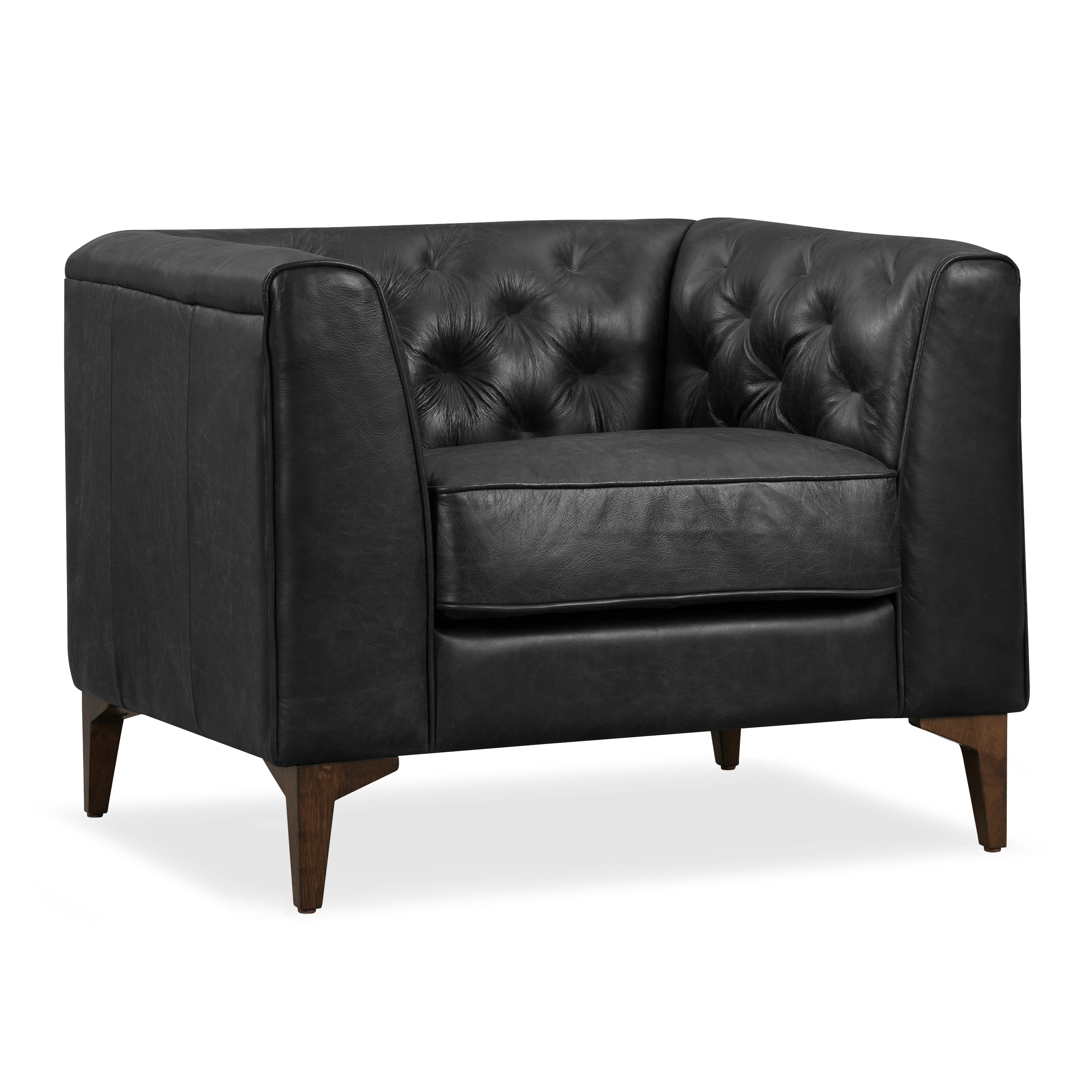 Modern Onyx Black Leather Lounge Chair with Tufted Back