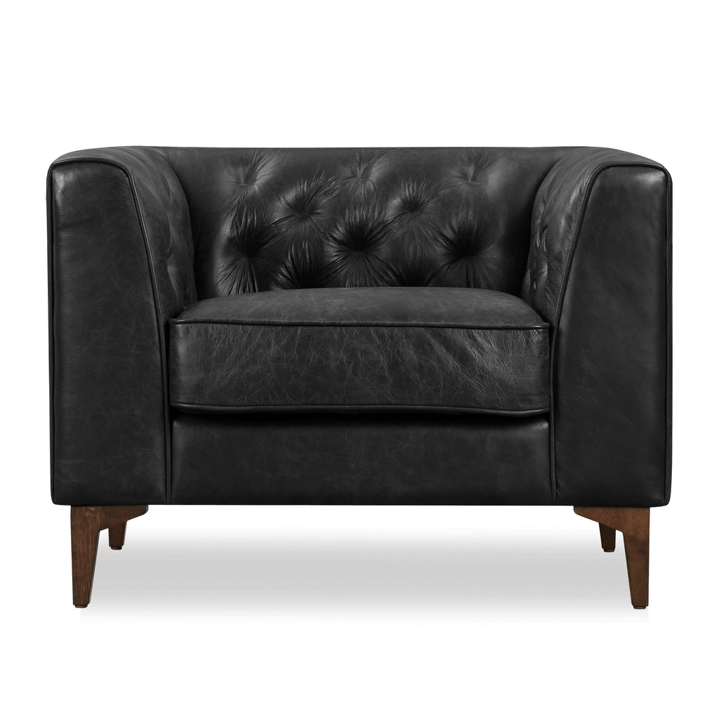 Modern Onyx Black Leather Lounge Chair with Tufted Back