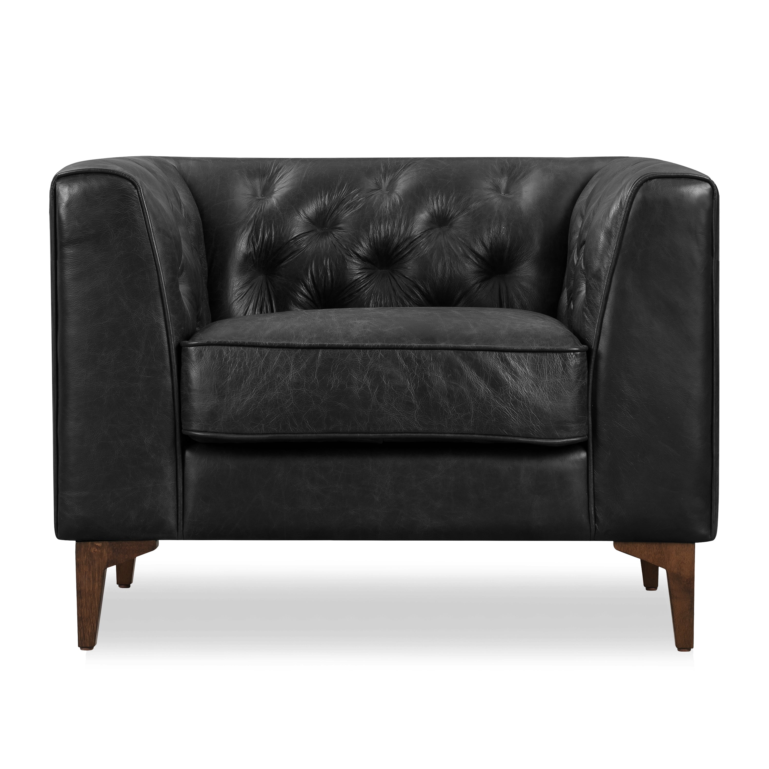 Modern Onyx Black Leather Lounge Chair with Tufted Back