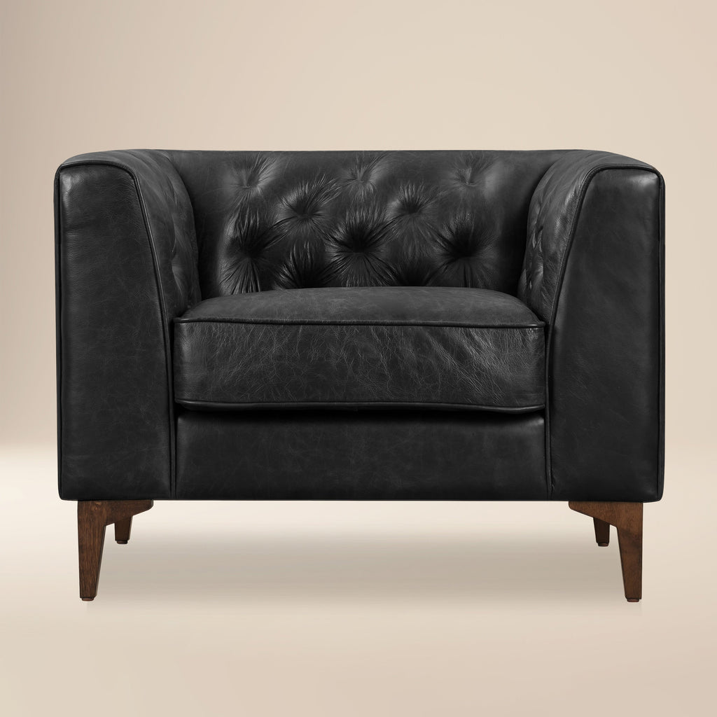 Modern Onyx Black Leather Lounge Chair with Tufted Back
