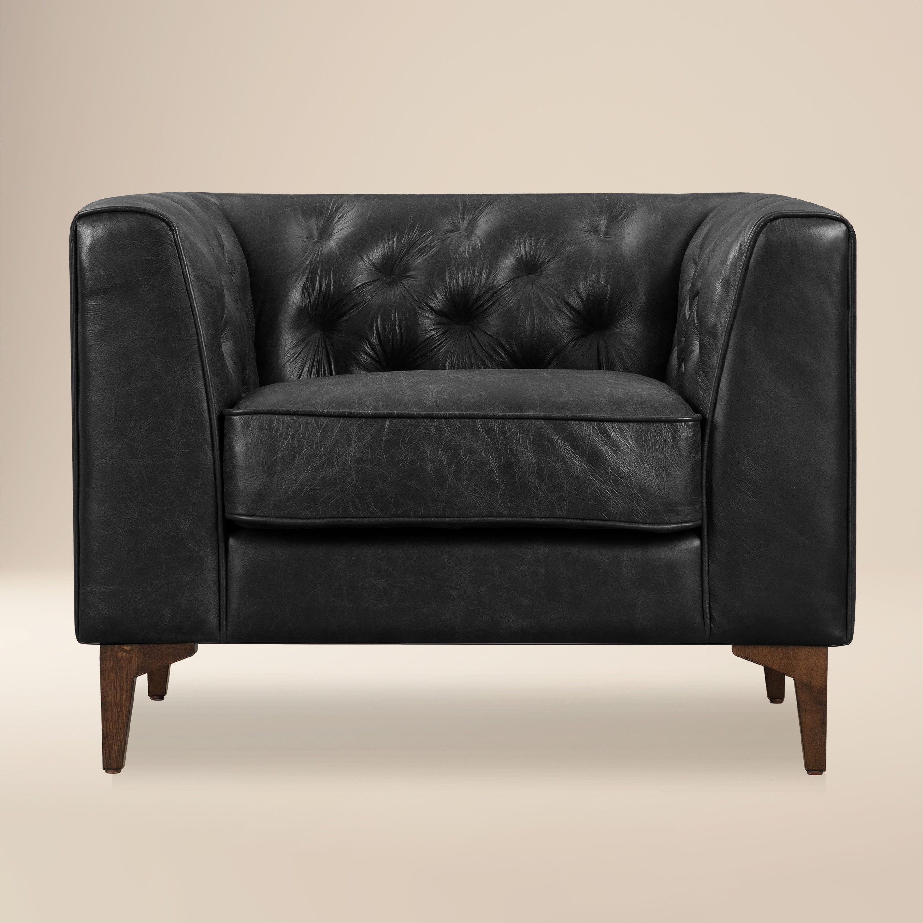 Modern Onyx Black Leather Lounge Chair with Tufted Back
