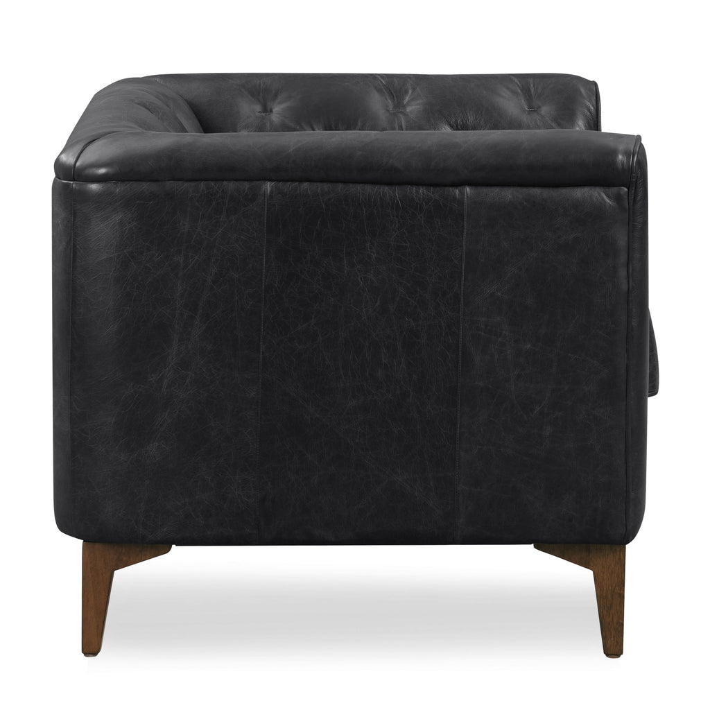 Modern Onyx Black Leather Lounge Chair with Tufted Back