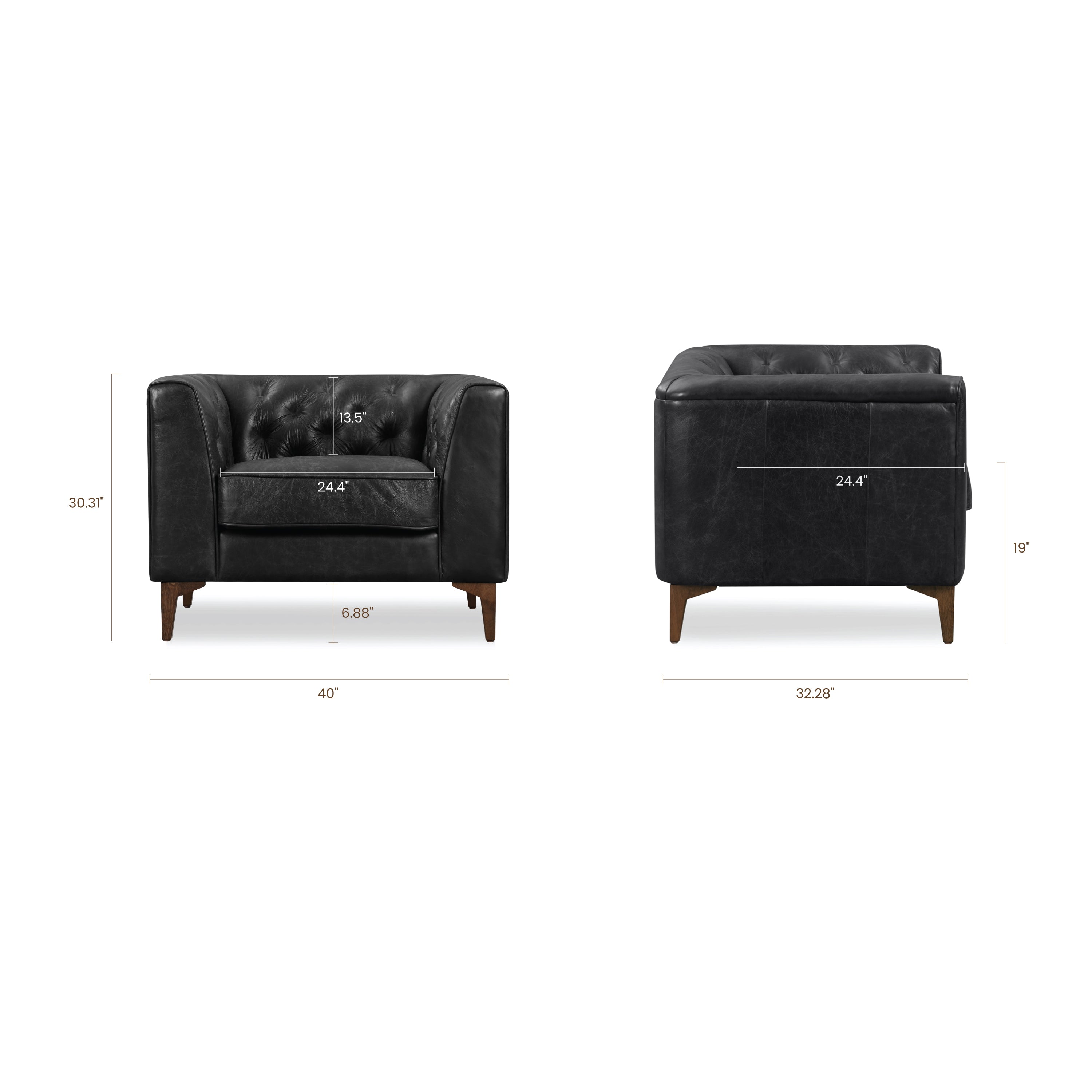 Modern Onyx Black Leather Lounge Chair with Tufted Back