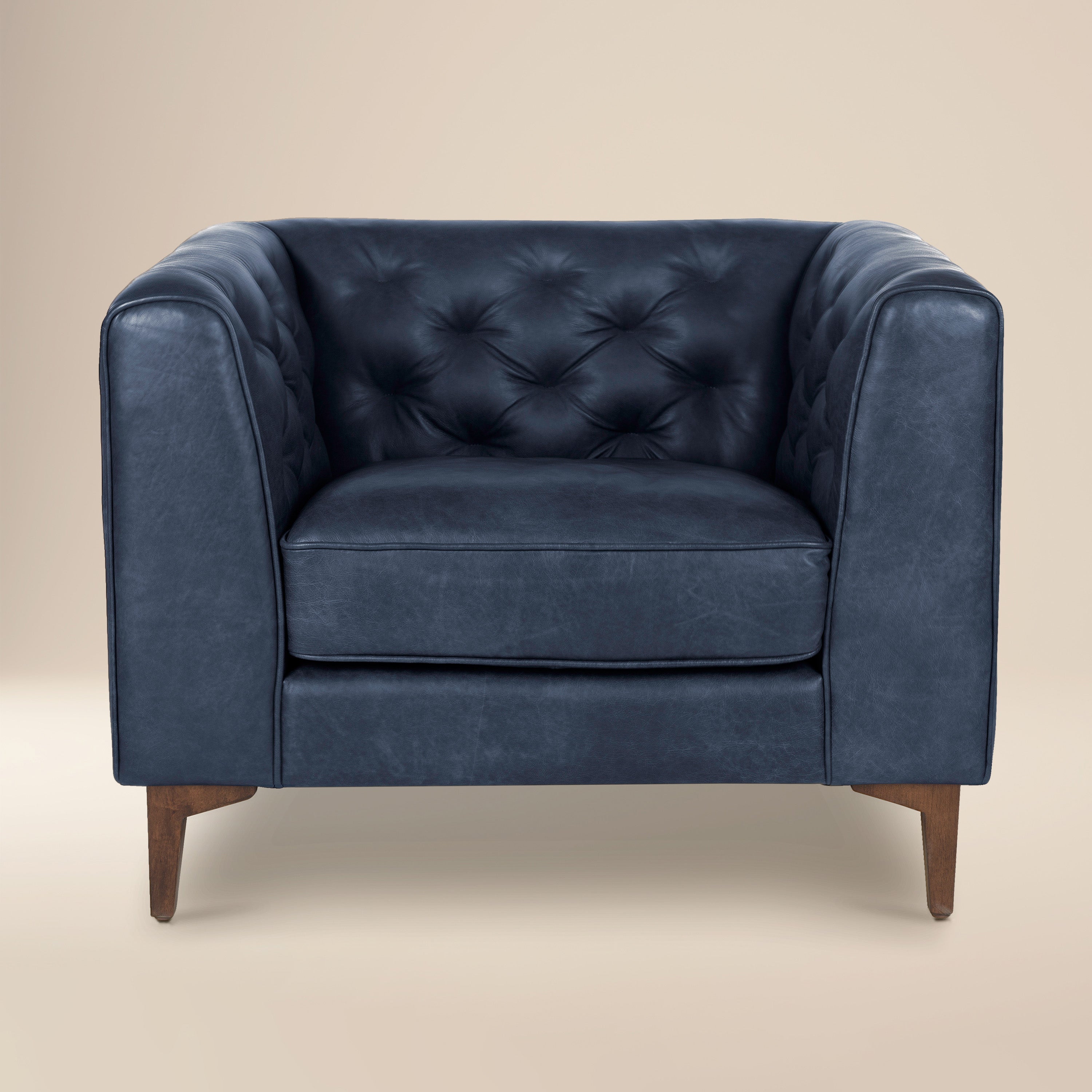 Modern Classic Midnight Blue Leather Lounge Chair with Tufted Back