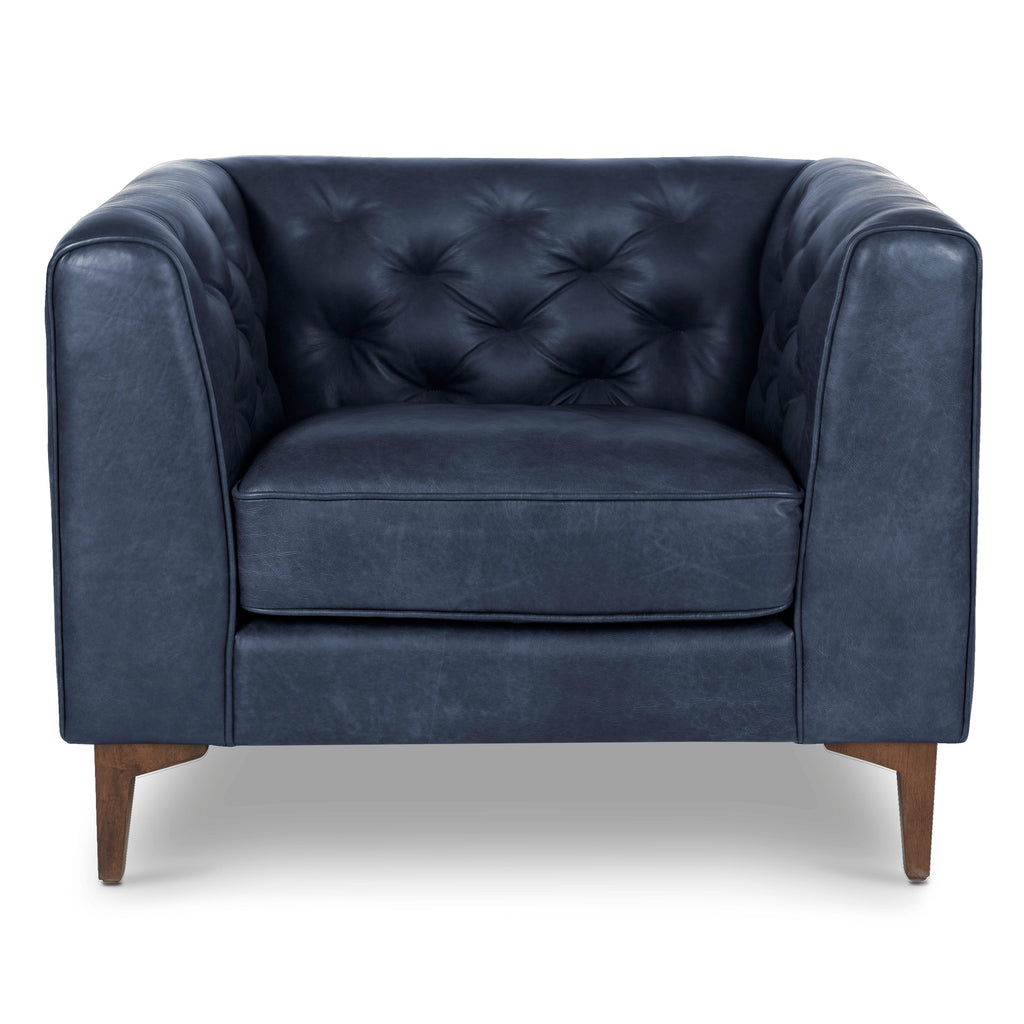Modern Classic Midnight Blue Leather Lounge Chair with Tufted Back