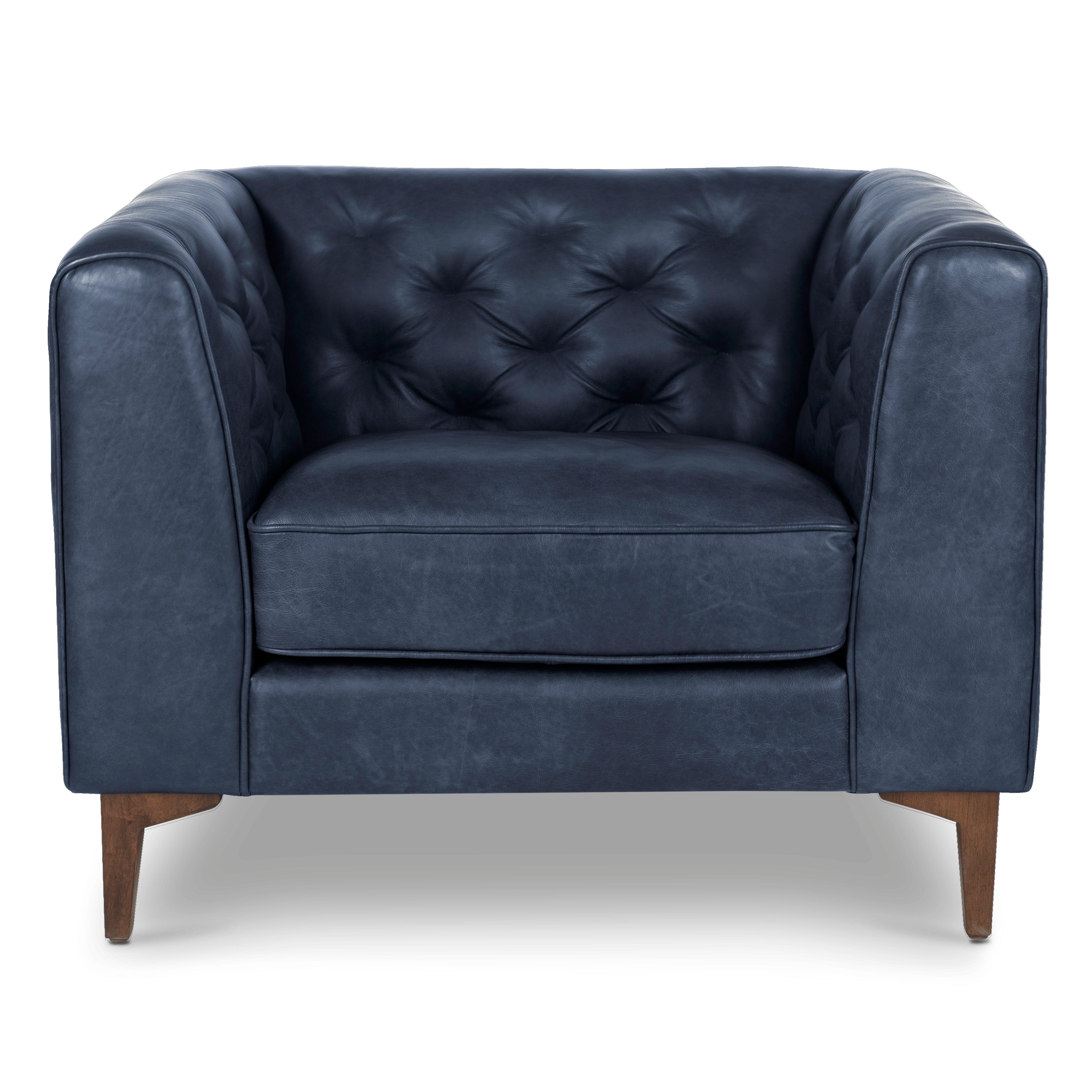 Modern Classic Midnight Blue Leather Lounge Chair with Tufted Back