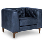 Fauteuil de salon en cuir bleu nuit, style classique moderne avec dossier capitonné