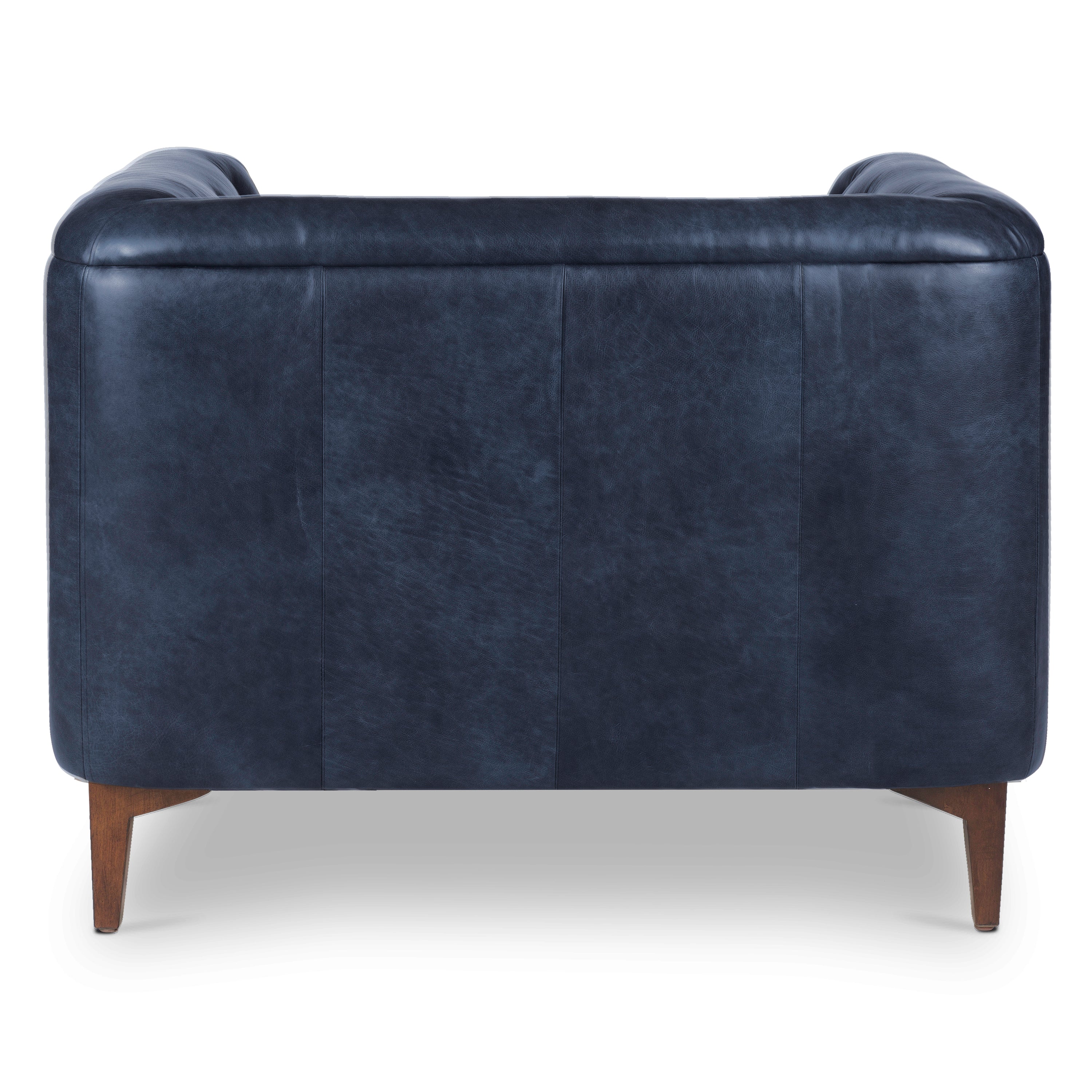 Modern Classic Midnight Blue Leather Lounge Chair with Tufted Back