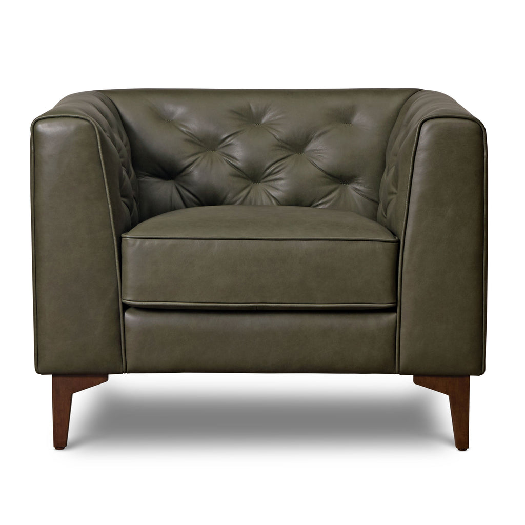 Modern Classic Olivine Green Leather Lounge Chair with Tufted Back