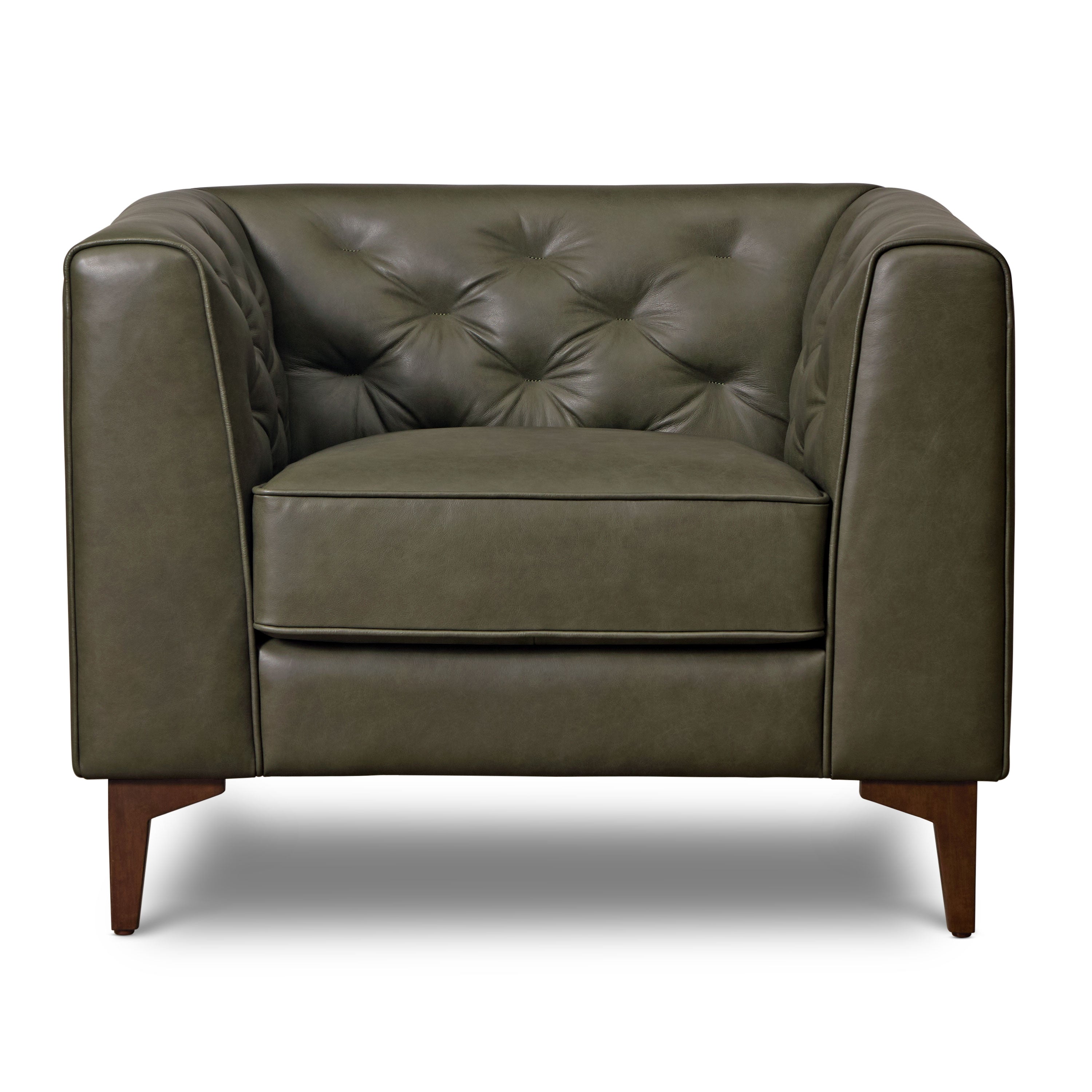 Modern Classic Olivine Green Leather Lounge Chair with Tufted Back
