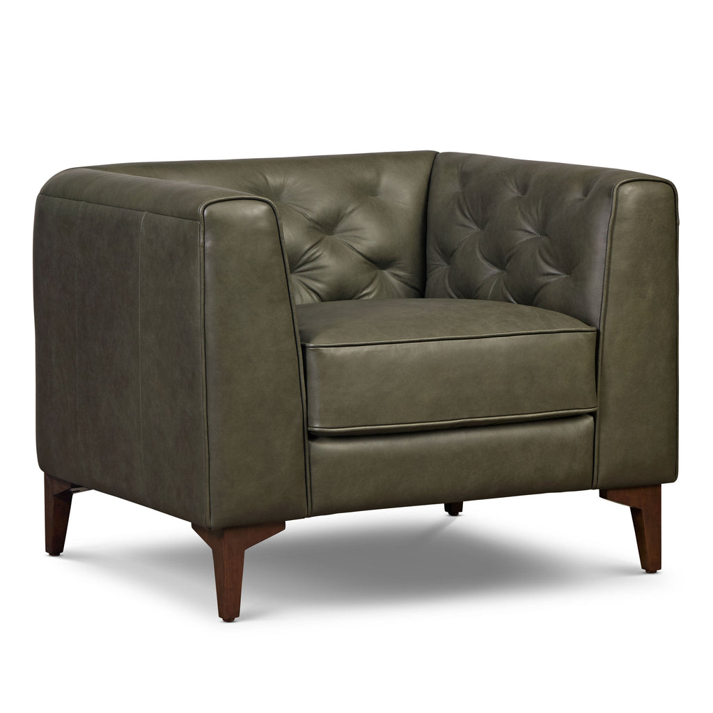 Modern Classic Olivine Green Leather Lounge Chair with Tufted Back