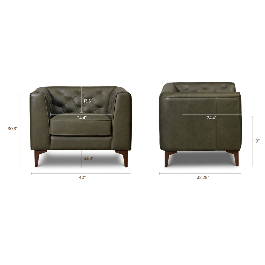 Modern Classic Olivine Green Leather Lounge Chair with Tufted Back