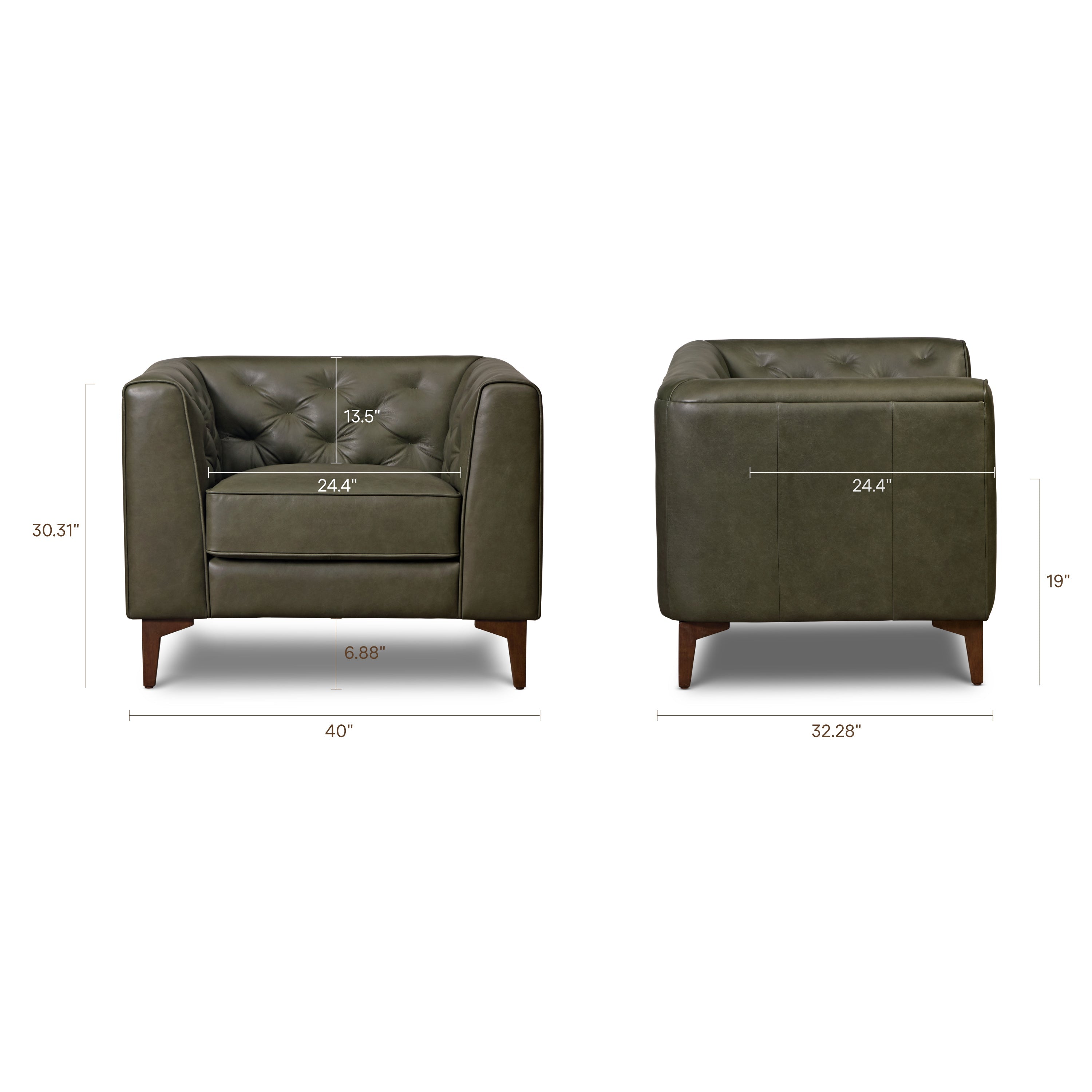 Modern Classic Olivine Green Leather Lounge Chair with Tufted Back