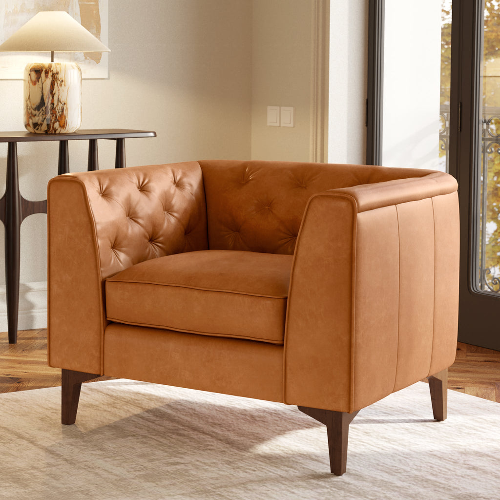 Modern Cognac Tan Leather Lounge Chair with Tufted Back