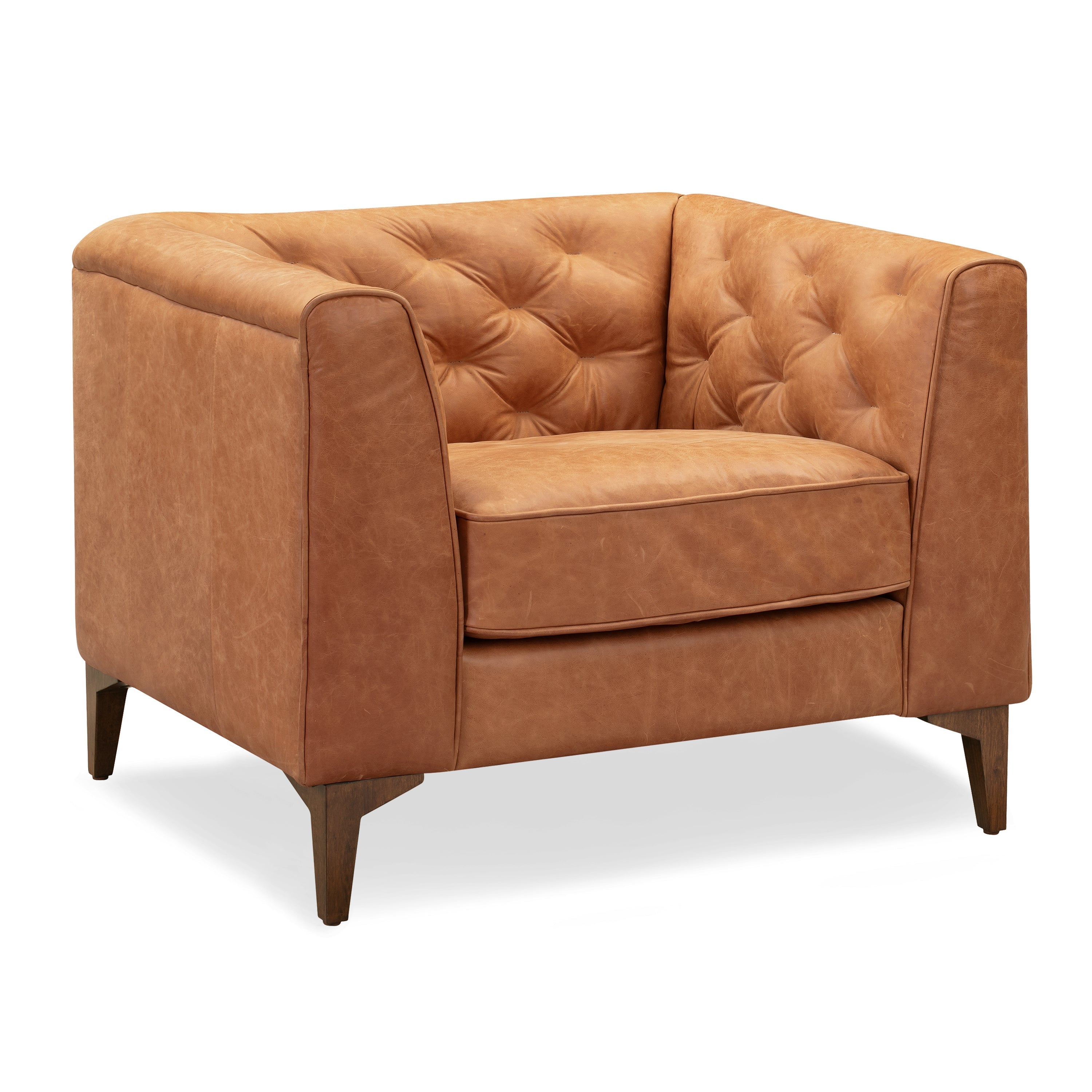 Modern Cognac Tan Leather Lounge Chair with Tufted Back